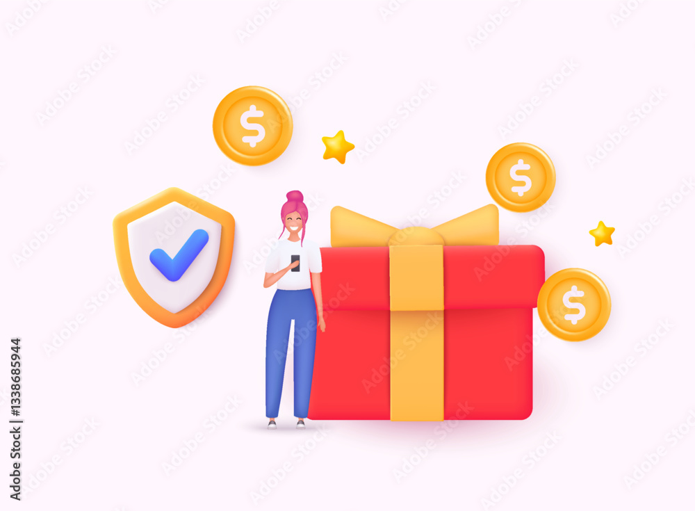 Gift box with coin explosion. Perfect for loyalty programs, cash rewards. Bright and attractive design for promotion. 3D Web Vector Illustrations. Gift box with coin explosion. Perfect for loyalty programs, cash rewards. Bright and attractive design for promotion. 3D Web Vector Illustrations.
