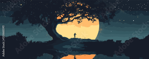 Silhouetted figure under tree with large moon and starry sky reflecting on water at night.