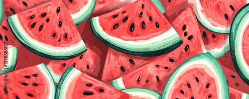 Vibrant watermelon slices with seeds creating a fresh summery pattern.