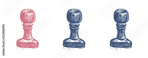 Three vintage chess pawns: red and blue wooden pieces on white background.