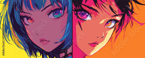 Colorful anime characters with vibrant hair and expressive eyes in split design.