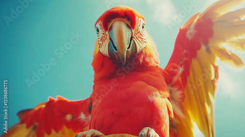 Funny red parrot saying hello