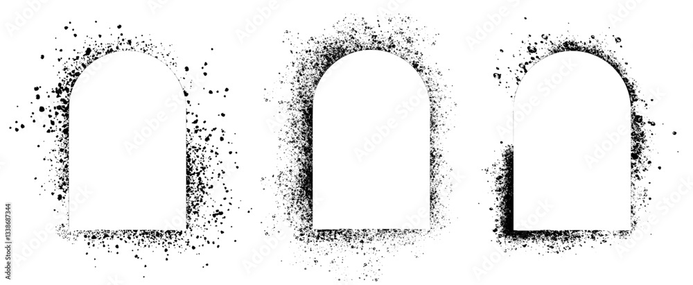Set of black frames, arch spray stencils isolated on white background. Urban street graffiti style. Airbrush paint splatter borders, grunge street art with splash effect and drops. Vector