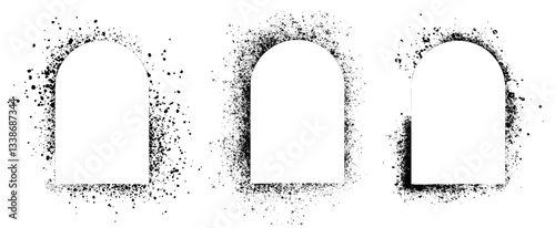 Set of black frames, arch spray stencils isolated on white background. Urban street graffiti style. Airbrush paint splatter borders, grunge street art with splash effect and drops. Vector