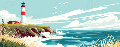 Red and white lighthouse on a cliff with seagulls and waves under a clear blue sky.