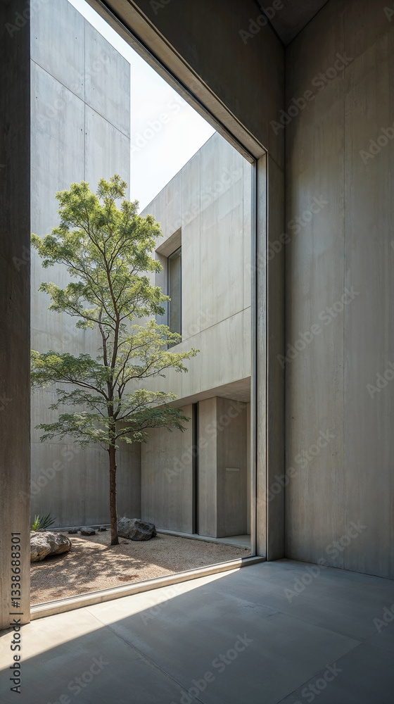 Fototapeta premium A tree framed by a modern concrete opening with natural light.