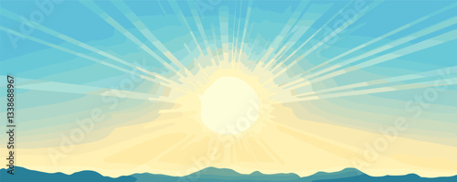 Colorful abstract sunrise over mountains with radiating sun rays in blue and yellow sky.