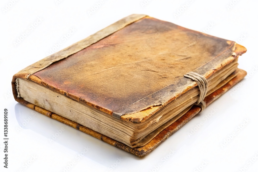 Obraz premium Vintage Notebook, Worn Cardboard Cover, Low Light Photography, Isolated White Background