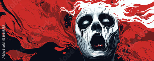 Surreal scream: abstract skull amidst flowing red and black art.