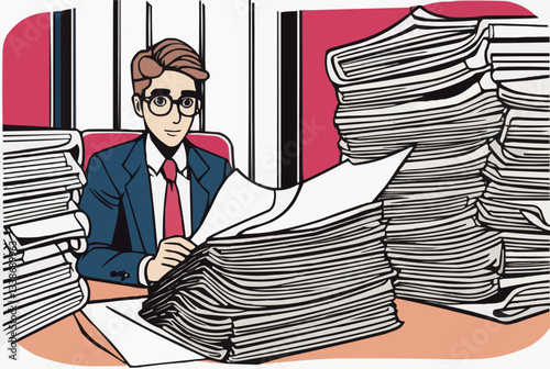 Male Journalist Managing News Stacks - A Media Concept Illustration