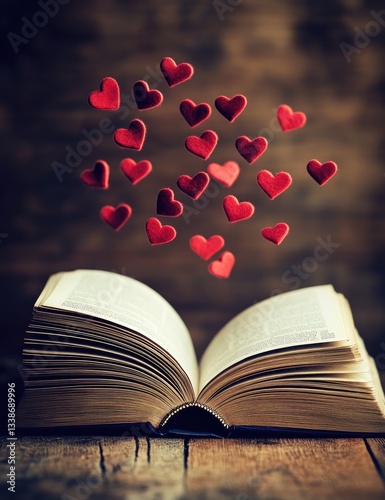 An open book with hearts flying out of it, symbolizing the flow and connection between you two through shared reading experiences on Valentine's Day