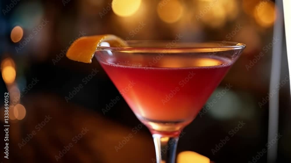 Cóctel rojo en copa de martini con decoración de naranja en un bar