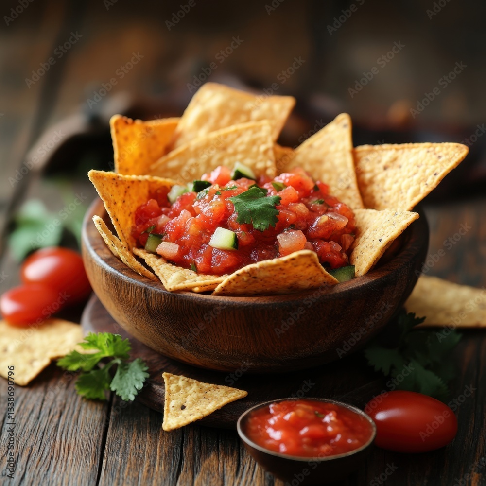 Appetizing tomato salsa with tortilla chips in a wooden bowl rustic table setting fresh cilantro garnish culinary delight vibrant colors Appetizing tomato salsa with tortilla chips in a wooden bowl rustic table setting fresh cilantro garnish culinary delight vibrant colors