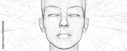 Abstract wireframe illustration of a human face with geometric patterns.