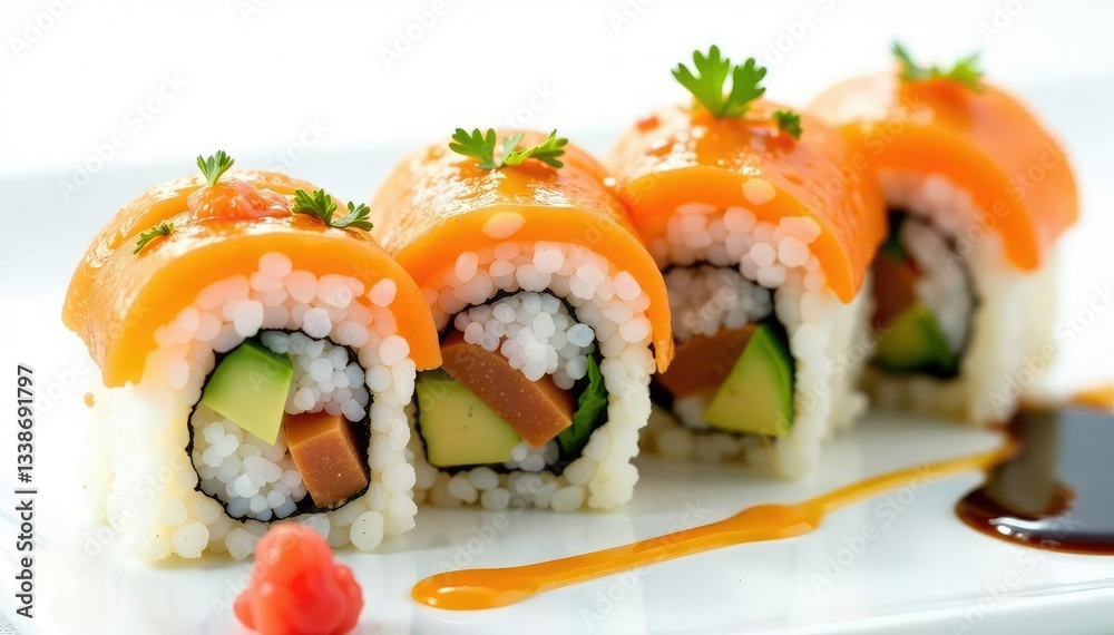 Variety of sushi rolls, soy sauce, wasabi, ginger, on white background , background, crab, ginger Variety of sushi rolls, soy sauce, wasabi, ginger, on white background , background, crab, ginger