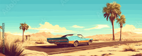 Vintage blue car drives through desert landscape with palm trees under clear skies.