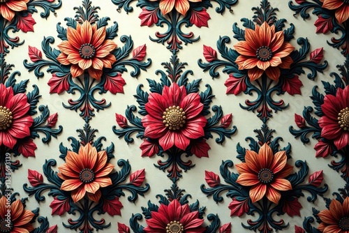 Intricate floral damask, repeating pattern on fabric, paper, ornate