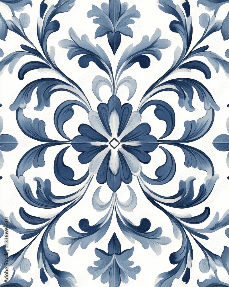 Fototapeta premium Elegant floral pattern in blue and white creating a symmetrical design for backgrounds and textiles