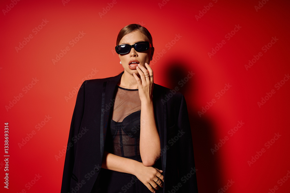 Fototapeta premium Chic young woman in stylish black outfit poses confidently against vibrant red backdrop