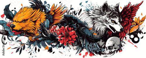 Dynamic animal art with fierce wolf and vibrant bird in abstract nature.