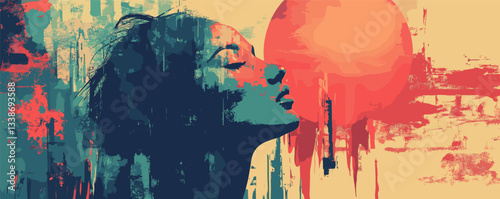 Abstract art of woman's profile against vibrant sun.