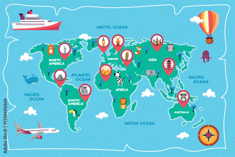 Obraz premium Dynamic world map displayed in a vibrant infographic layout