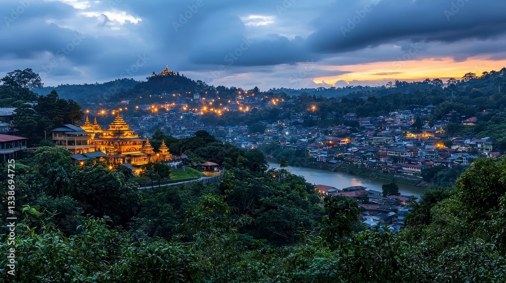 Obraz premium Serene sunset over ancient temples hilltop village landscape photography tranquil environment panoramic view