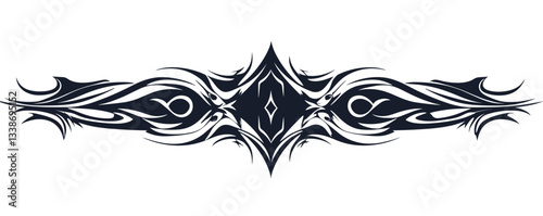 Intricate tribal tattoo design with symmetrical black patterns and abstract shapes.