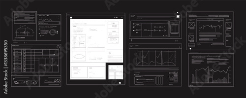Monochrome user interface and data visualization elements on a dark background.