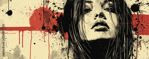 Abstract portrait of a young woman with grunge art style and bold red accents.