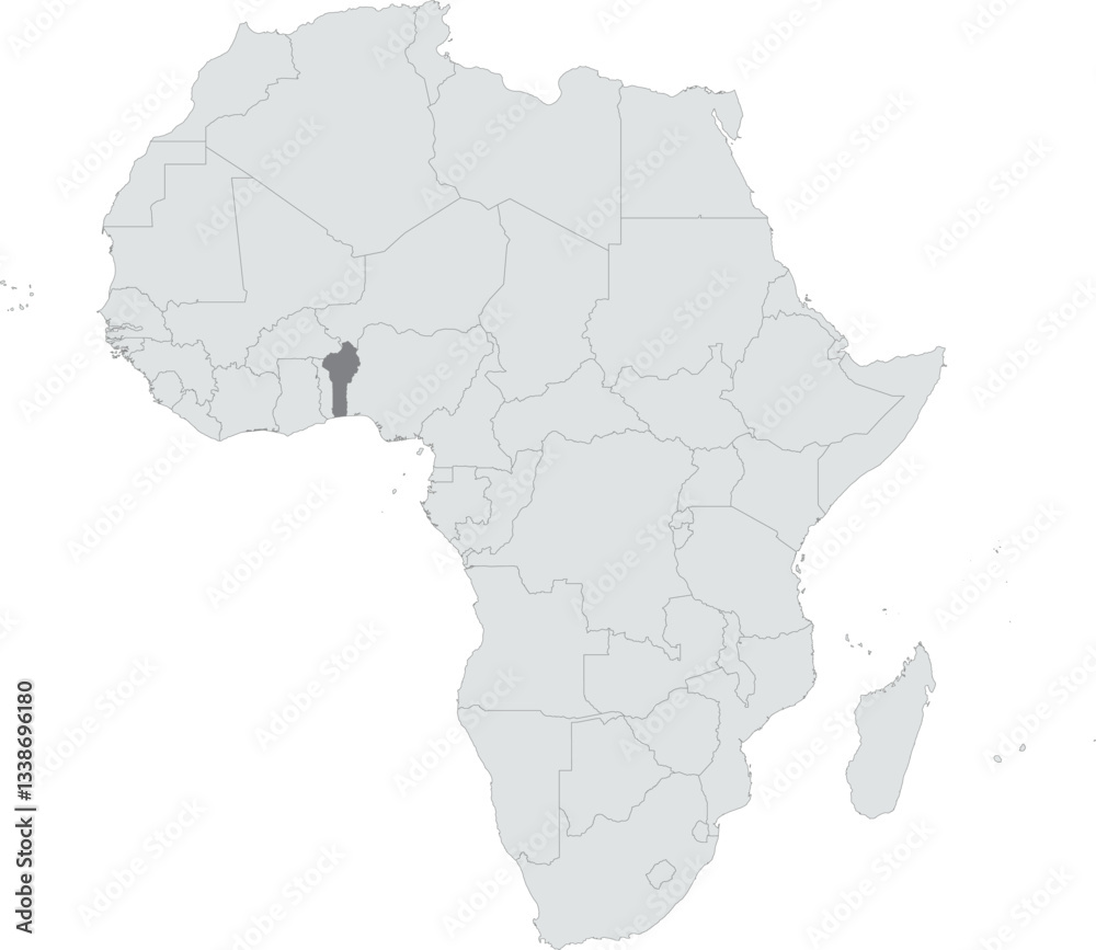 Detailed national location map of BENIN within the great continent of Africa Detailed national location map of BENIN within the great continent of Africa