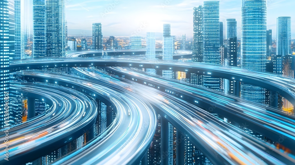 Fototapeta premium Aerial panoramic view of a smart city s futuristic highway and transportation infrastructure development and expansion project showcasing advanced surveying technologies