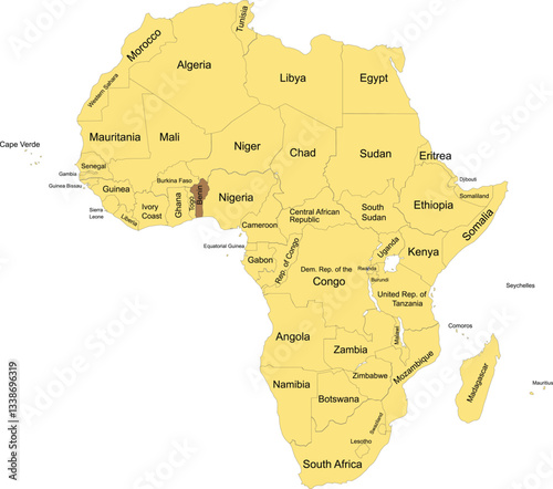 Detailed national location map of BENIN within the great continent of Africa