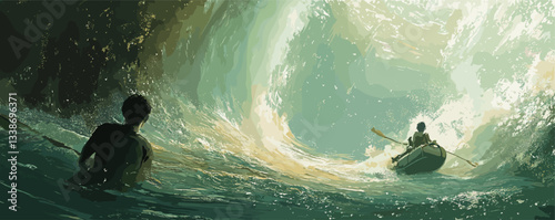 Surfer and rowboat adventurer confront massive wave crest in ocean vortex.