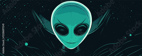 Futuristic alien face with large eyes in space, cosmic background, sci-fi theme.