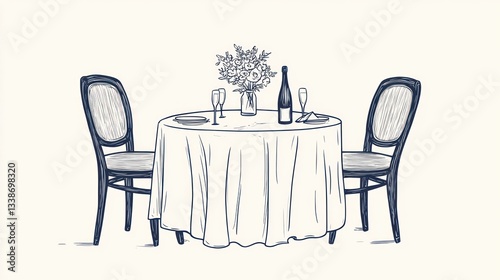 Restaurant table illustration, two chairs, flowers, champagne, elegant setting photo