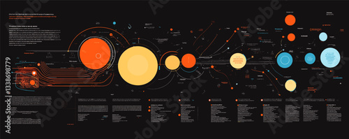 Colorful solar system diagram with planets and orbits on black background.