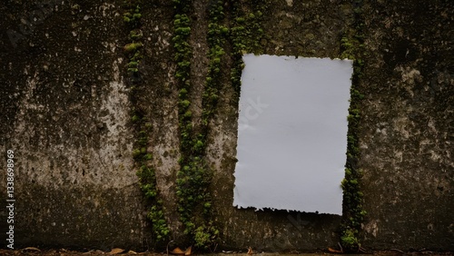 Blank paper mockup on a mossy wall, perfect for creative designs and presentations.
