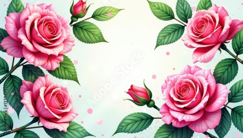 Intricate watercolor rose blooms, lush green leaves , spring, fabric