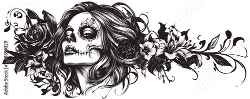 Intricate sugar skull woman with floral headpiece in black and white art style.