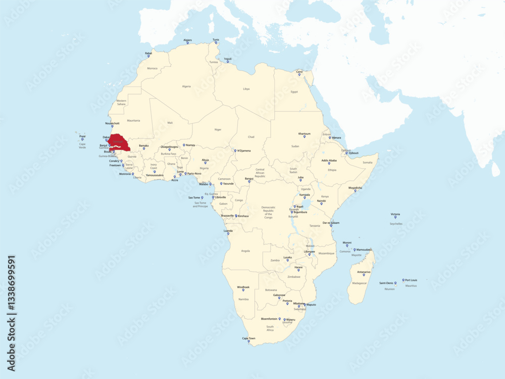 Fototapeta premium Detailed national location map of SENEGAL within the great continent of Africa