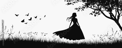 Silhouette of woman in flowing dress walking in nature with birds and trees at sunset.