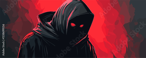 Hooded figure with glowing eyes in red and black mysterious scene.