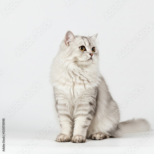 Elegant Persian cat sitting gracefully on a white background, showcasing its beautiful fur and captivating eyes.
