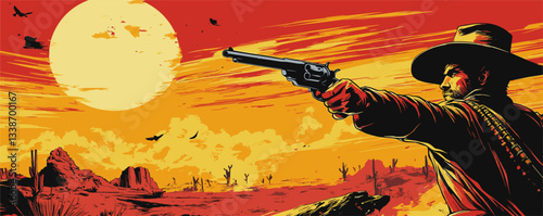 Cowboy aiming revolver in dramatic sunset desert scene with cacti and birds.