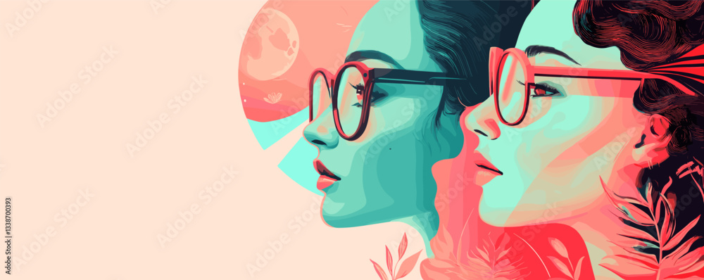 Fototapeta premium Stylized portrait of women in glasses with moon and floral elements.