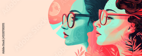 Stylized portrait of women in glasses with moon and floral elements.