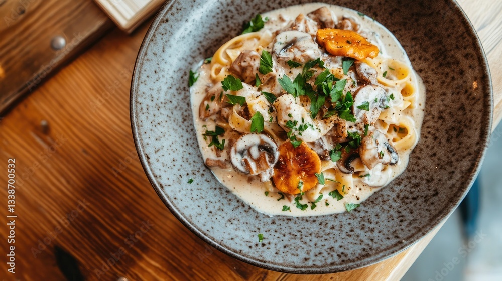 A moody, dramatic shot of a plate of beef stroganoff with fresh mushrooms, parsley, and a thick, creamy sauce over pasta