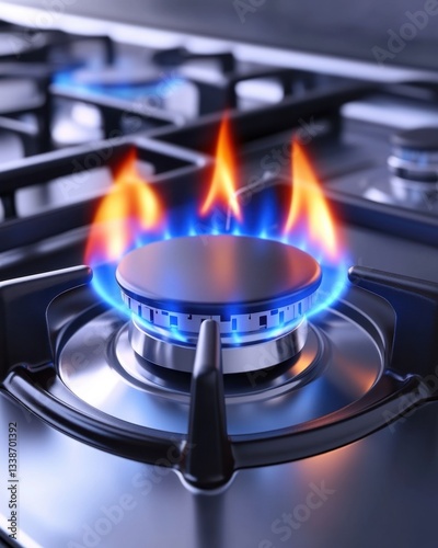 Close up of a gas stove burner with blue and orange flames providing heat for cooking appliance