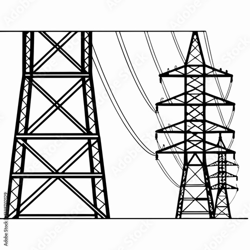 A towering steel pylon carries high-voltage power lines against a vibrant sunset sky